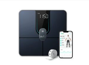 Digital bathroom scale with phone and measuring tape